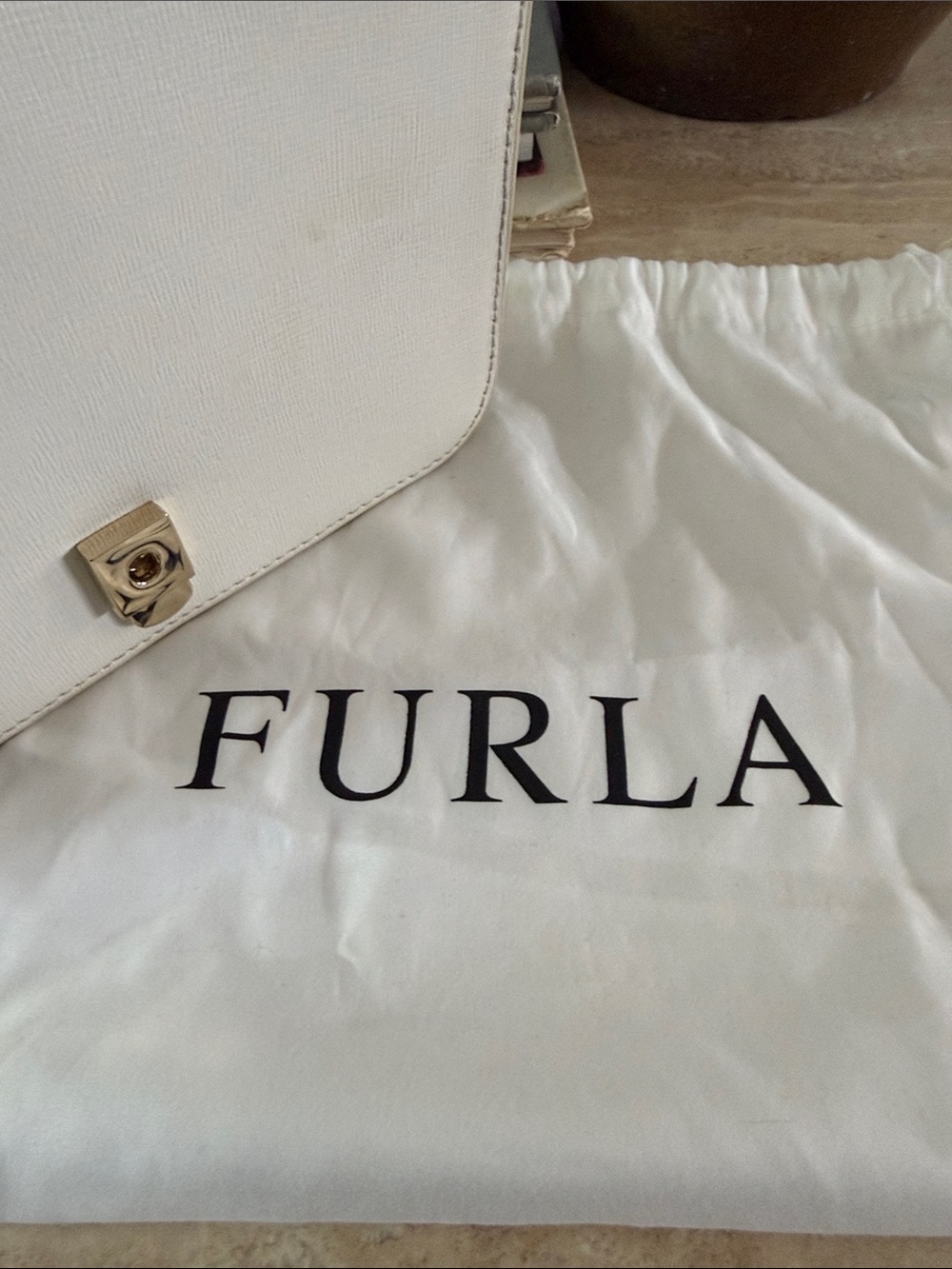 Furla Carol Mini Leather Chain Crossbody Flap Bag White Cream Furla Metal Logo - Picture 9 of 10